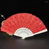 Estatuetas decorativas chinesas, leques bonitos, pano de plástico, lantejoulas, padrão de mão dobrável para festa, casamento, dança, flor, bordado, ventilador