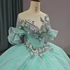 ライトグリーン光沢のあるOネック3DフラワーズビーズQuinceanera Dress Ball Gown Puffy Dress 16th Birthday Debut Vestido De Charra 15 Anos