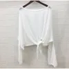 Camisetas de mujer WTEMPO, ropa de protección solar sólida con nudo, camiseta de manga larga Irregular dividida de verano, Top informal holgado