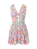 Casual Kleider Frauen Floral Langarm Kleid V-Ausschnitt Gesmokt Babydoll Sommerkleid Sexy Ausschnitt Rückenfrei E-Girl Club Party Mini