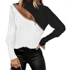 Blouses Femmes Femmes Automne Printemps Top Oplique Zipper Décor Creux Couleur Correspondant Texture De Vague D'eau À Manches Longues Col Demi-haut Casual