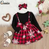 Sukienki dla dziewczynek ceeniu 0-6y sukienka świąteczna fuax 2pcs Big Bowknot Snowflake Plaid na rok ubrania dla dzieci