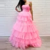 Tiered Tulle Prom Dresses Off Shoulder Long A-Line Layered Princess Ball Gown Strapless Formal Evening Party Gowns