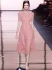 Robes de soirée en dentelle rose au Crochet ajouré pour femmes, robes d'été élégantes à manches courtes, mi-longues brodées, XXL, 2023