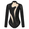 Stage Wear Donna Pattinaggio di figura Costume Balletto Danza Ginnastica ritmica Body Manica lunga Lucido Strass Maglia trasparente Body Dancewear