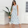 Abiti casual Abito floreale Bohemia Robe Femme Summer Scollo a V senza maniche Tunica Cintura Maxi Abiti lunghi larghi larghi sexy