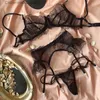 Set sexy Lingerie erotica per donna Set intimo in pizzo con volant floreale Reggiseno e reggicalze perizoma trasparente Breves Kit corto esotico T231027