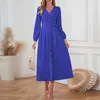 Abiti casual da donna con lacci elegante abito maxi monopetto moda autunnale scollo a V manica lunga tinta unita abiti a vita alta slim