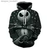 Moletons masculinos Moletons Anime Filme de terror Jack e Sally Halloween Nightmare 3D Print Hoodies Mulheres Moda masculina antes do Natal Moletons casuais L231027