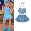 Ensembles de vêtements Focusnorm 1-6Y Mode Enfant Filles Vêtements Denim Sans Manches Halter Cou Coeur Tops Jupe Plissée Ensemble