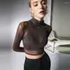 Women's T Shirts Winsleter Elegant Basic Short Tshirt Autumn Spring Women Sexy Mock Neck Sheer Slim Mesh Crop Long Sleeve Elastic Tees