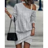 Casual Dresses Sexy Off The Shoulder Light Gray Irregular Dress 2023 Autumn/winter Long Sleeve Chain Halter Solid Color Button For Women