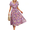 Freizeitkleider Damen Bohemian Kurzarmkleid Blumenmuster Midi Boho V-Ausschnitt Fließendes Sommerkleid Slim Fit Maxi