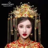 Himstory clássico chinês casamento phoenix rainha coroa noivas ouro jóias de cabelo acessórios borla casamento hairwear h0827255y