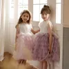 Girl Dresses Retail Baby Girls Teenage Sequined Mesh Cake Flower Dress Princess Kids Sweet Party Performance Clothing 3-9T