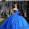 Vestido de baile azul real vestidos quinceanera fora do ombro varredura trem contas em cascata babados longo formal vestidos de festa de baile para doce 15