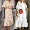 Robes décontractées Femmes élégantes Dot Imprimer Robe Bohème Lâche Y2K INS Vêtements Courtes Manches Bouffantes Col Montant Bouton Volant Vacances