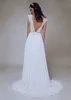 V Neck Sexy A Line Wedding Dresses Backless Elegant Chiffon Boho White Lace Beach Garden Bridal Gowns With Rhinestones Belt Sweep Train Bride Robes de Mariee CL2830