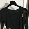 New Black Sexy Dresses Women Long Sleeve Crew Neck Mini Short Runway Dress with Golden Pins Lady Club Party Clothing