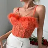 Women's Tanks Corset Crop Tops Sleeveless Feather Patchwork Tank Top With Built In Bra Lace Sheer Sexy Camisole Female French Style Dropship