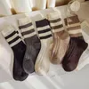 Women Socks Winter Striped For Retro Solid Color Mid-tube Harajuku Girls Female Breathable Cotton Sox Calcetines