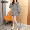 Women's Blouses 2023 Spring Autumn Plaid Fashion Doll Collar Shirt Women High Street Casual Loose Button Sweet Elegant All-match Cardigan