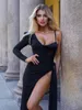 Robes décontractées Femmes Mode Sexy Noir V Cou Mesh Body Une Épaule Manches Longues Ruché Split Maxi Bodycon Party Robe De Soirée