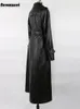 Women's Leather Faux Nerazzurri Spring Autumn Long Waterproof Black Soft Pu Trench Coat for Women Belt Floor Length Luxury Overcoat 231026