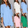 Casual Dresses Women Shirt Dress Solid Long Sleeve Turn-Down Collar Pocket Split Hem Loose White