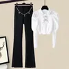 Women's Two Piece Pants 2023 Autumn Slim Pleated Bow Chiffon Shirt Coat Letter Chain Decorative Trousers Two-piece Elegant Set