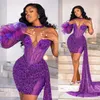 Fashion Purple Sequins Short Prom Dresses with Side Train Beaded Sheath Mini Cocktail Party Gown Single Sleeve Vestidos De Fiesta