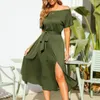 Casual Dresses Women Off Shoulder Short Sleeve Midi Dress High Waist Belt Split Hem Pockets Solid Color Party Streetwear