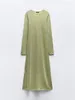 Casual Dresses Green Metallic Thread Sticked Dress Women Sexig långärmad o-hals Semi-Sheer Maxi Elegant BodyCon Party Club Shiny Shiny