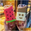 Water Bottles Summer Cute Donut Ice Cream Water Bottle With St Creative Square Watermelon Cup Portable Leakproof Tritan Drop Delivery Dht2Q