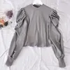 Женские блузки, футболки, корейская блузка с круглым вырезом и пышными рукавами, женская лоскутная трикотажная облегающая короткая блузка, осень-весна 2023, рубашка