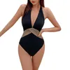 Damenbadebekleidung 2023 Sexy schwarz gebundener Halter tiefer V-Frauen-Mesh-Patchwork-Push-up-Einteiler-Badeanzug Monokini rückenfreier Badeanzug