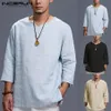 Stylish Mens Shirts Cotton Three Quarter Sleeve Folded V Neck Plain Chinese Style Tee Shirt Loose Tops Man Camisas Men Clothing CJ228K