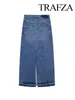 Skirts TRAFZA Women's Summer Fashion Pocket Back Slit Long Denim Skirt Vintage Mid Waist Zipper Casual