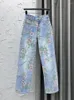 Women's Jeans Fashion Personality Flowers Print Jean Loose Wide-Leg Pants Summer Thin Light Blue Korean Style Denim Trousers