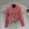 Women's Jackets PREPOMP 2023 Autumn Arrival Long Sleeve Metal Buttons Tweed Stand Collar Rose Pink Short Jacket Women GL561