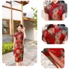 민족 의류 여성 중국 치즈 삼장 드레스 빈티지 짧은 슬리브 우아한 Qipao 꽃 스탠드 칼라 레이디스 페스티벌 파티 스플릿 웨딩