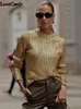 Damenpullover Mode Gold O-Ausschnitt für Frauen 2023 Herbst Winter Kausal Langarm Strickpullover Elegante Büro Damen Lose Pullover 231026