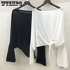 女性用Tシャツwtempoノットソリッドサンプロテクション衣服夏分割不規則な長袖Tシャツルースカジュアルトップドロップ