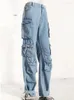 Frauen Jeans Mode Einfarbig Schlanke Hohe Taille Gerade Große Taschen Denim Cargo Hosen Weibliche Sommer 2023 19J1999