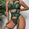 Ensemble trois pièces en dentelle pour femmes, lingerie sexy, sous-vêtements érotiques roses transparents