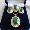 Smaragdgroene Jade 18KGP Zirkonia Hanger Ketting Oorbellen Ring Set257j