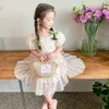 Girl Dresses Kid's Clothes 2023 Summer Girls Square Collar Puffed Sleeve Flower Printed Princess Mesh Dress