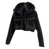 Kvinnorjackor Autumn Winter Rivets denim Bomber Jacket Faux Fox Fur Collar Jeans PLUSH INNER VARM CARTAN PLUS Velvet Streetwear Tops YQ231027