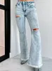 Women's Jeans 2023 Autumn Winter Women Washed Hole Rough Edges Denim Flared Trousers Female Slim Do-old Light Blue Casual Pants