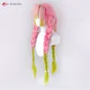 Catsuit Costumes Anime Mitsuri Kanroji Cosplay longue rose vert avec trois tresses résistant à la chaleur perruques de cheveux synthétiques + bonnet de perruque